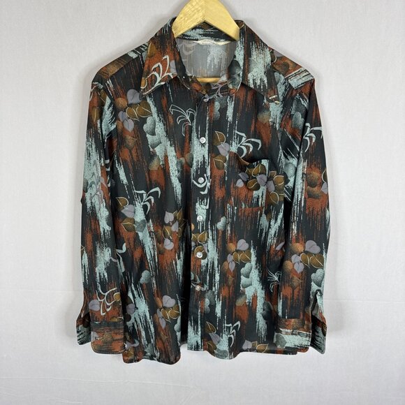 Vintage 70s Sears Disco Shirt Brown Blue Abstract Floral Long Collar Men 16.5 L - Picture 1 of 5